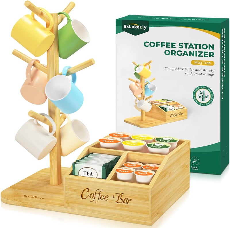 EsLuker.ly Mug Tree Holder Stand, Countertop Bamboo Coffee Cup Organizer Rack for Kitchen Office, Space-Saving Coffee Station Bar Organizer with 6 Hooks, Modern Design Enhances Decor - Image 1